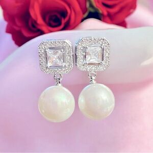 Silver-Tone, White Pearl Drop Earrings with Cubic Zirconias